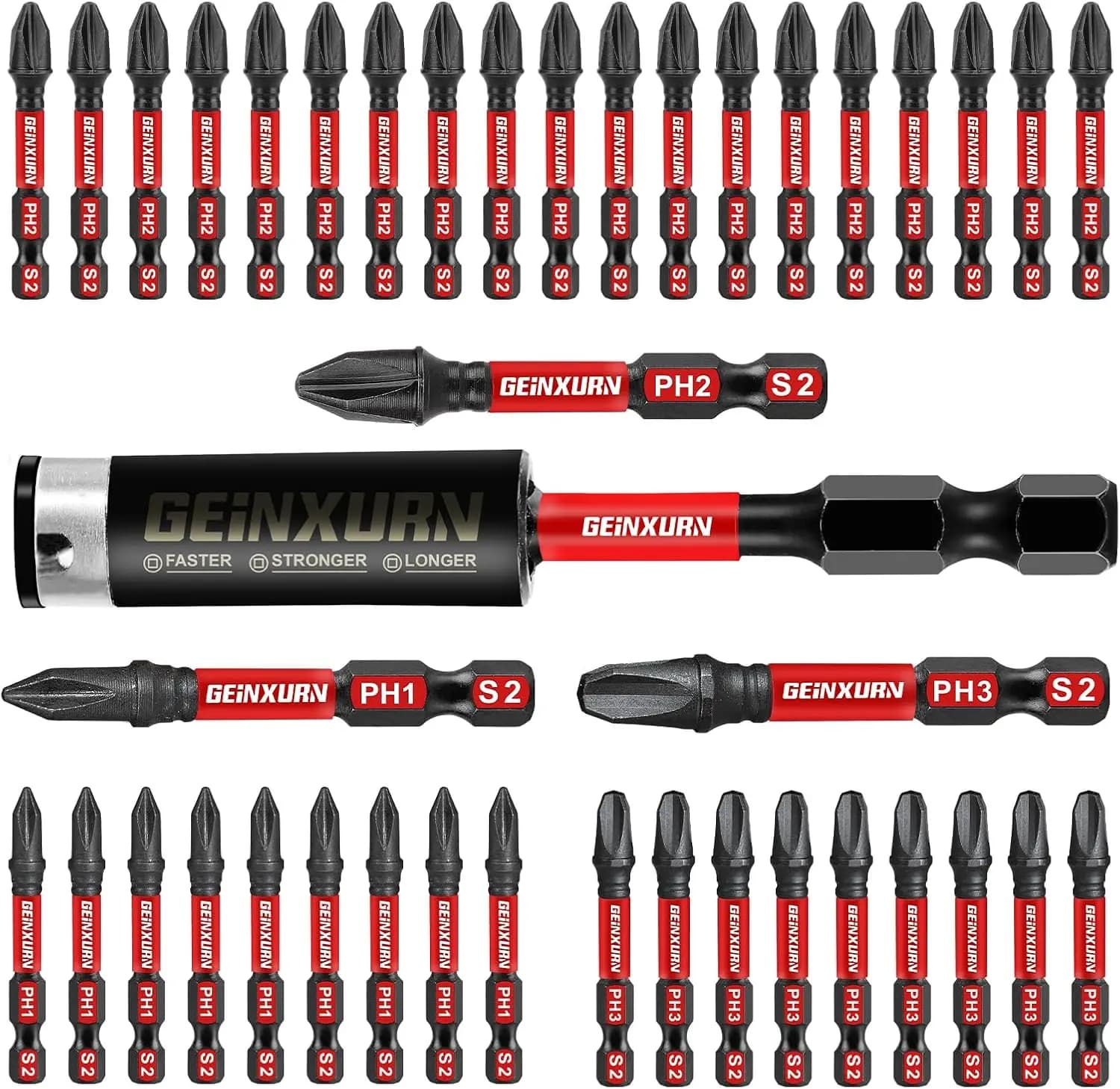 Set di 40 punte magnetiche esagonali anti-scivolo per cacciavite a impatto con supporto, PH1/PH2/PH3, attacco da 1/4 di pollice
