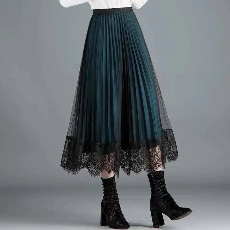 High Waist Lace A-Line Midi Skirt Women's Autumn Winter plus Size Pleated Gauze Skirt Slimming Half-length Skirts