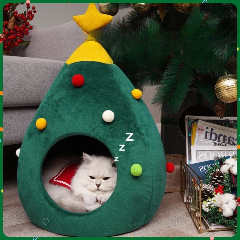 Cuccia Natalizia per Gatti/Cani, Calda e Confortevole, Letto per Animali Domestici in Peluche a Forma di Albero, Rimovibile e Lavabile