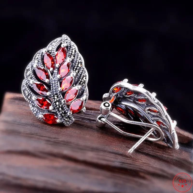 Orecchini a bottone in argento sterling S925 per le donne Nuove donne Moda rilievo Foglia Marcasite Granato Agata Argentum Gioielli con clip per l'orecchio