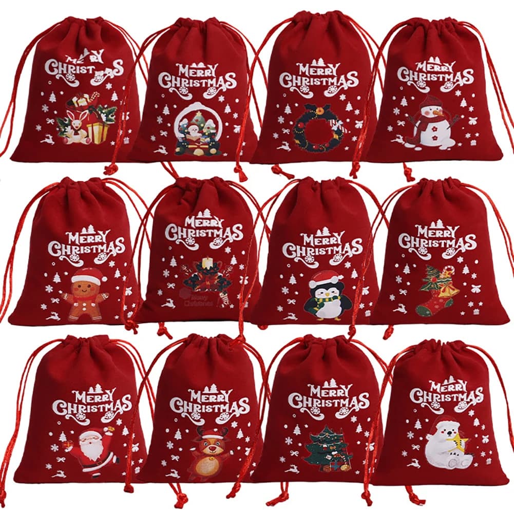 12 pz/set sacchetti di velluto di natale con coulisse sacchetto di biscotti di caramelle braccialetto rosso sacchetti di imballaggio di gioielli sacchetti di immagazzinaggio di buon natale