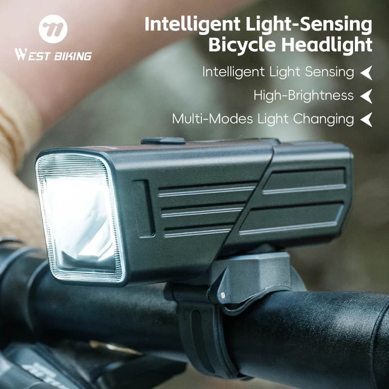 WEST BIKING Smart Bicycle Headlight with Light Sensor, 2200mAh USB-C Rechargeable, Waterproof, Multimodal, Front Light for MTB and Road Bike