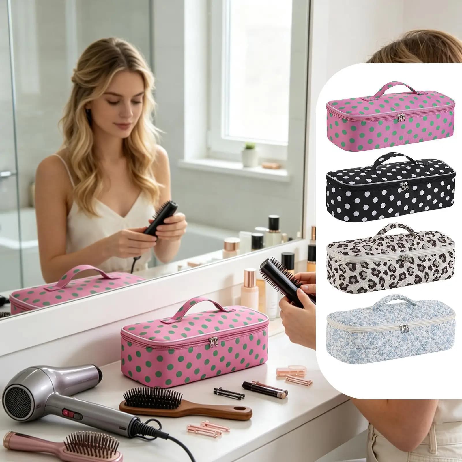 Quilted Hair Tool Bag Hair Styling Tool Travel Organizer Pouch Blow Dryer Storage Case Double Zipper Large Capacity Makeup Bag