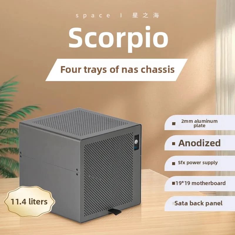Scorpio NAS a 4 alloggiamenti Telaio in alluminio SFX PSU Scheda madre ITX Soluzione di archiviazione fai-da-te PCIe a basso profilo per server domestico