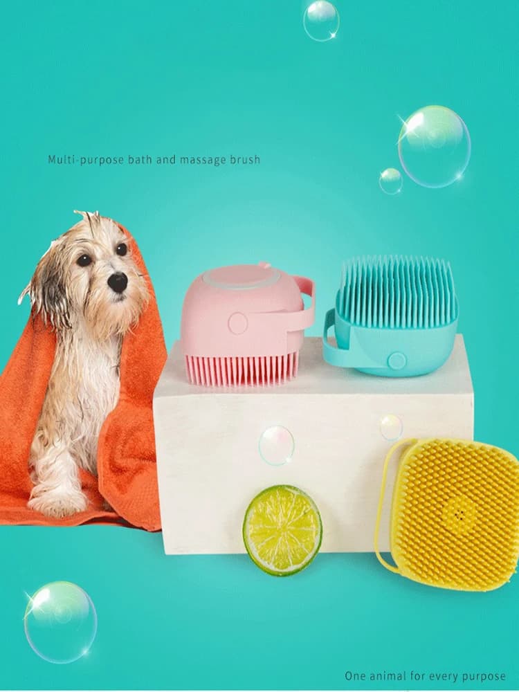 Spazzola per Bagno Facile per Animali Domestici 2-in-1 con Dispenser di Shampoo in Silicone Morbido, Massaggio Delicato, Guanto Deshedding per Cani e Gatti