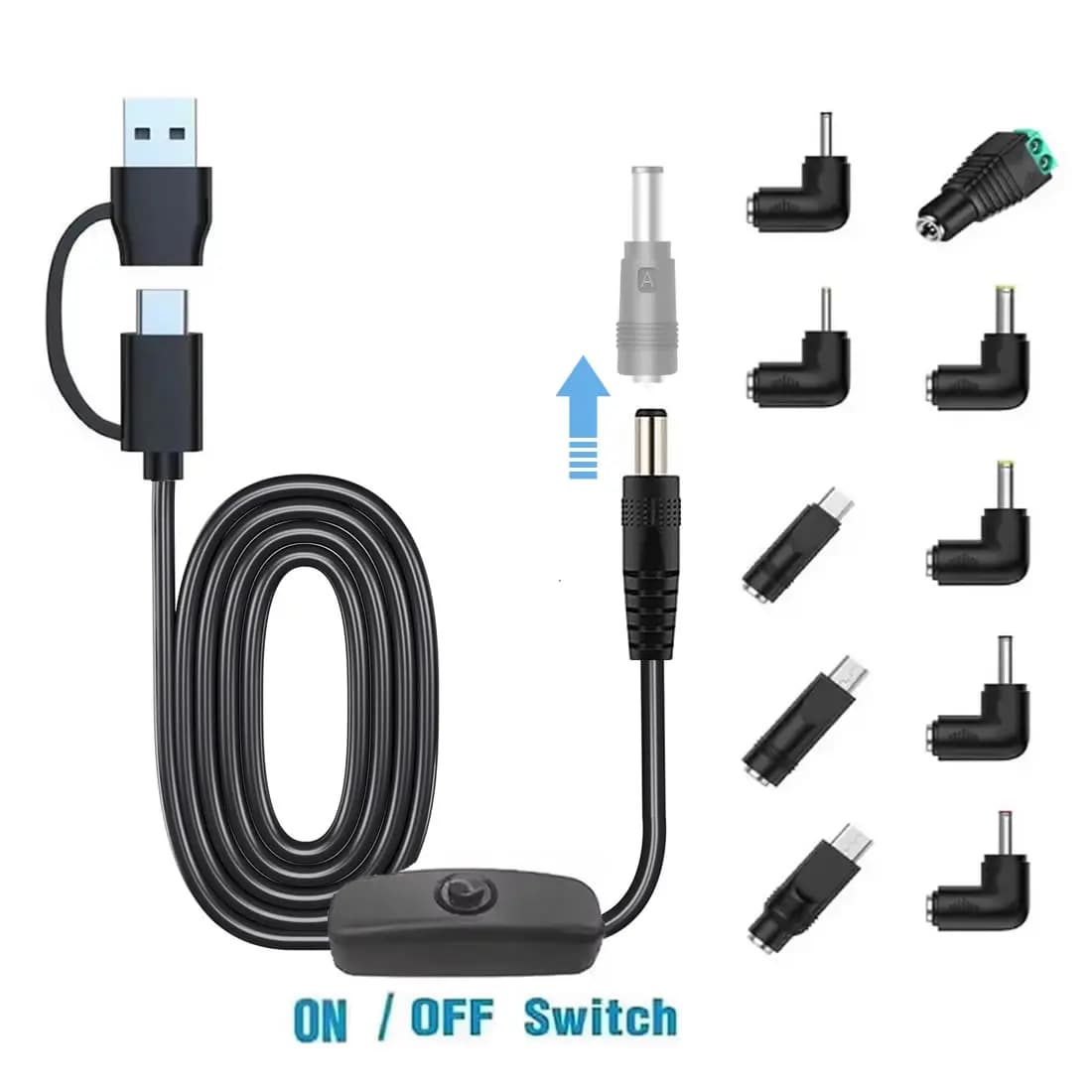Kit cavo di alimentazione USB C tipo C a CC con interruttore ON OFF Adattatore connettore jack da 10 CC Cavo di ricarica di alimentazione USB da 5 V