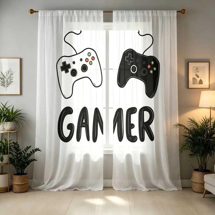 2PCS Digital Print Sheer Curtain, Black White Game Controller, Boho Chic Window Curtains for Living Room Bedroom Home Decor