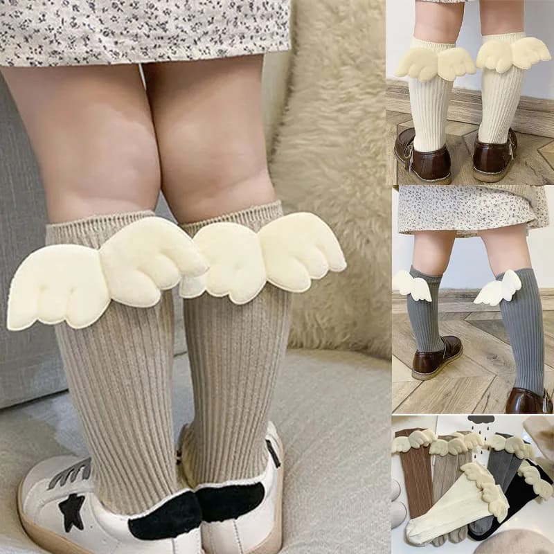 Calzini per bambina con ala d'angelo per bambini piccoli, lunghi, morbidi, in cotone, per bambini, solidi, alti al ginocchio, per 2-8 anni