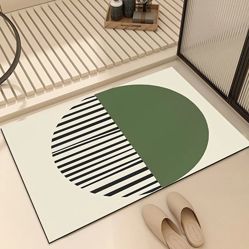 Tappeto da bagno moderno antiscivolo, super assorbente, morbido, verde oliva, a semicerchio, con strisce bianche e nere, patchwork, per porta, bagno, lavanderia, lavabile a mano, in terra diatomacea, per uso domestico, durevole, ad asciugatura rapida, decorativo, per ingresso.