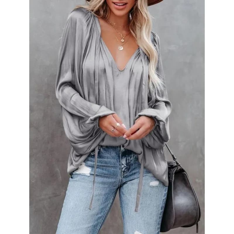 Camicia Elegante da Ufficio a Maniche Lunghe con Scollo a V per Taglie Forti, Blusa Semplice e Comoda da Donna, Top Plissettato in Tinta Unita
