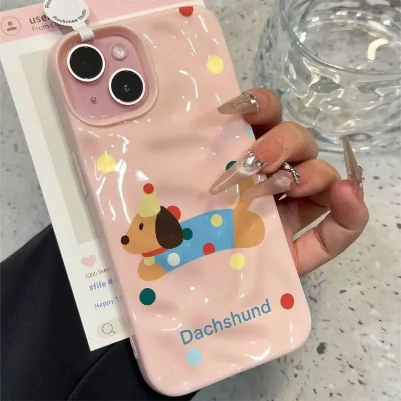 Adorable Dachshund Pattern Soft Phone Case for iphone 17 16 15 Pro 14 13 12 11 Pro Max iphone Air Wrinkle Texture Bumpper Cover