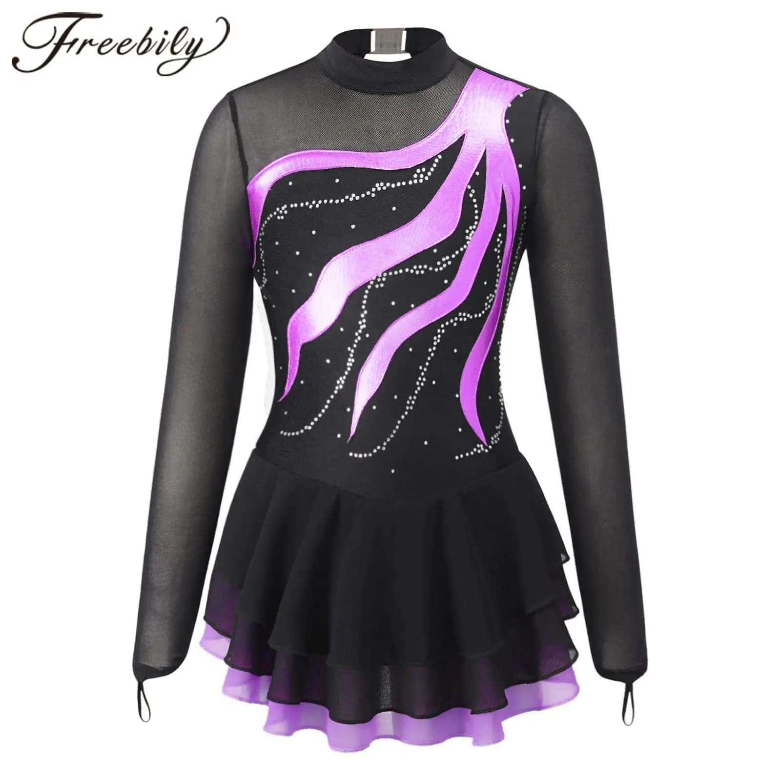 Vestito da pattinaggio di figura con strass a maniche lunghe per bambina, patchwork, costume da pattinaggio su ghiaccio, balletto, ginnastica, body, abbigliamento da ballo