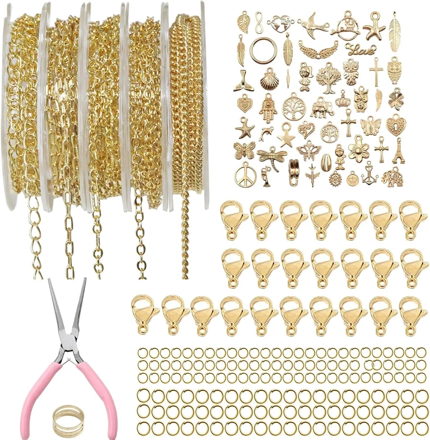 14K Gold Plated Jewelry Creation Kit with 5 Chain Rolls, Pendants, Clasps and Clasps for Necklaces and Bracelets ♪