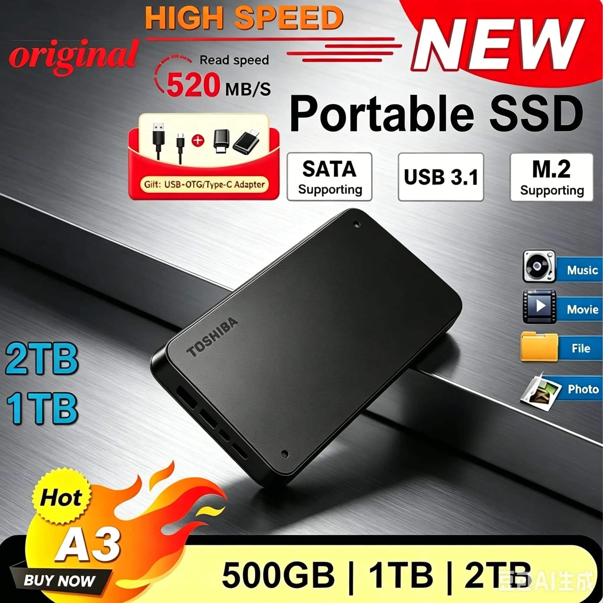 Disco Rigido Esterno Portatile Toshiba Canvio Basics A3 USB 3.0 ad Alta Velocità 500GB 1TB 2TB Nero