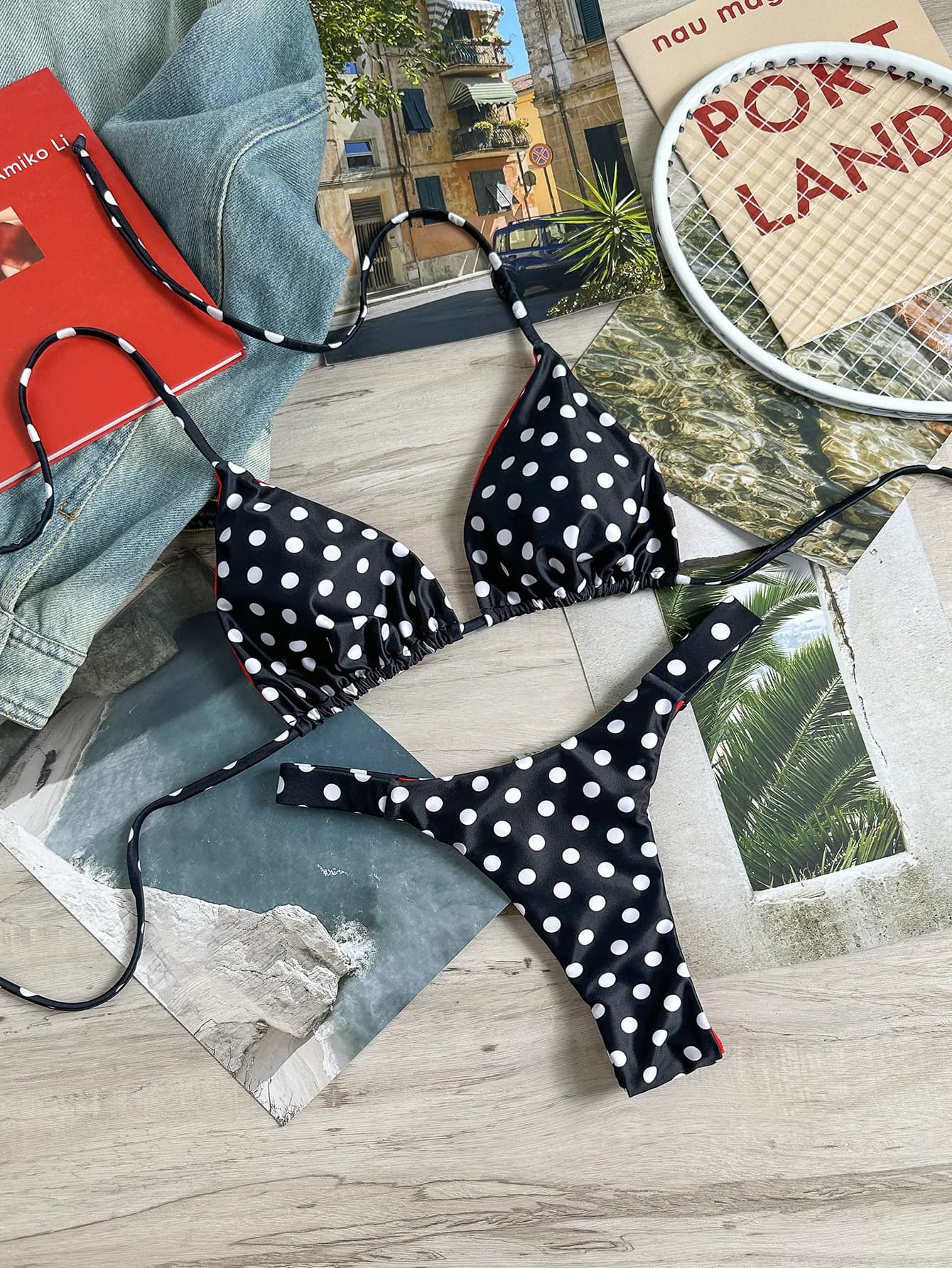 Set di micro bikini sexy neri con stampa a pois, due pezzi, con laccetti sul retro, costume da bagno, biquini, tankini