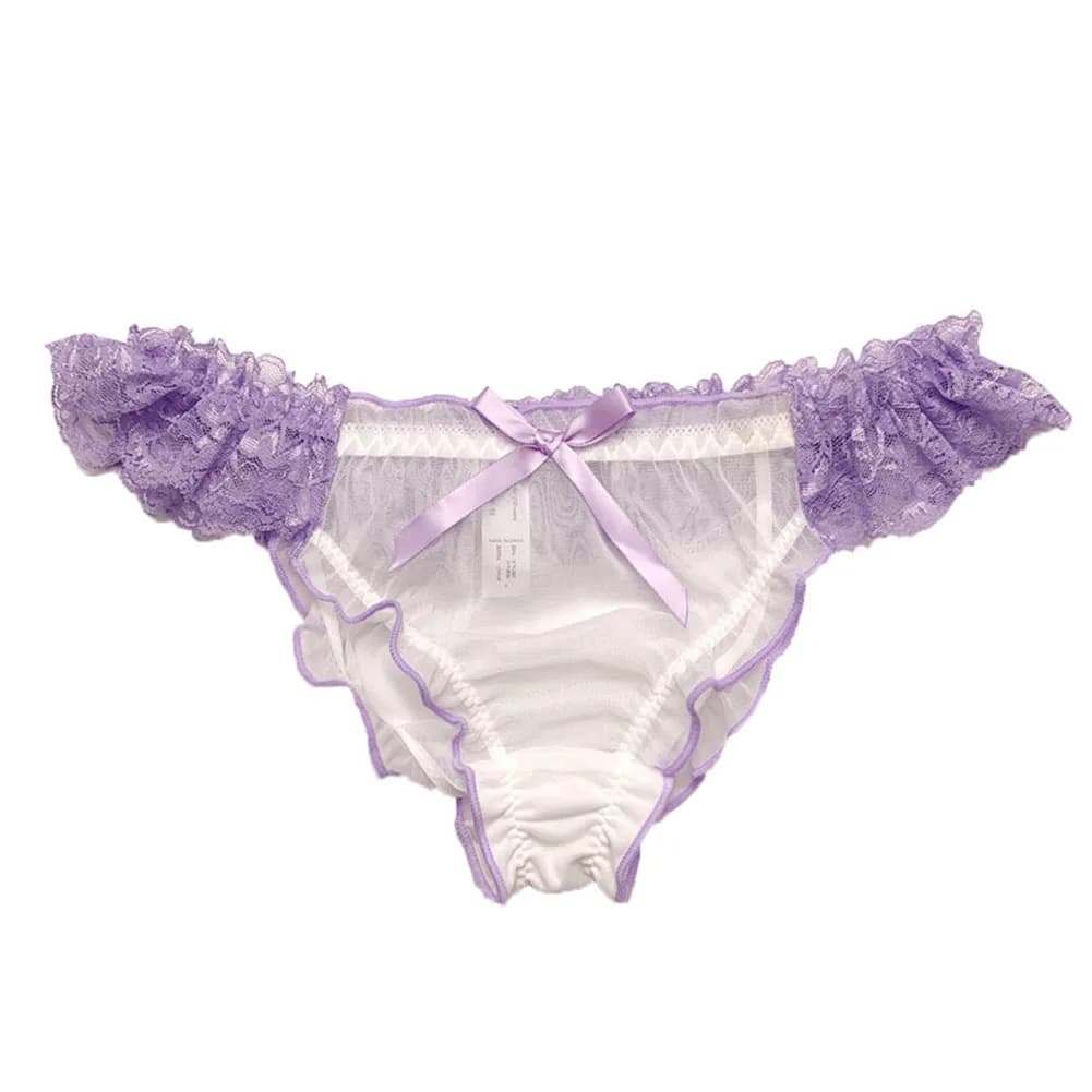 Women Low-waist Mesh T-Back Ruffle Briefs Lace Transparent Japanese Woman Panties Bow Thin Underwear BreathableVery Hot Lingerie