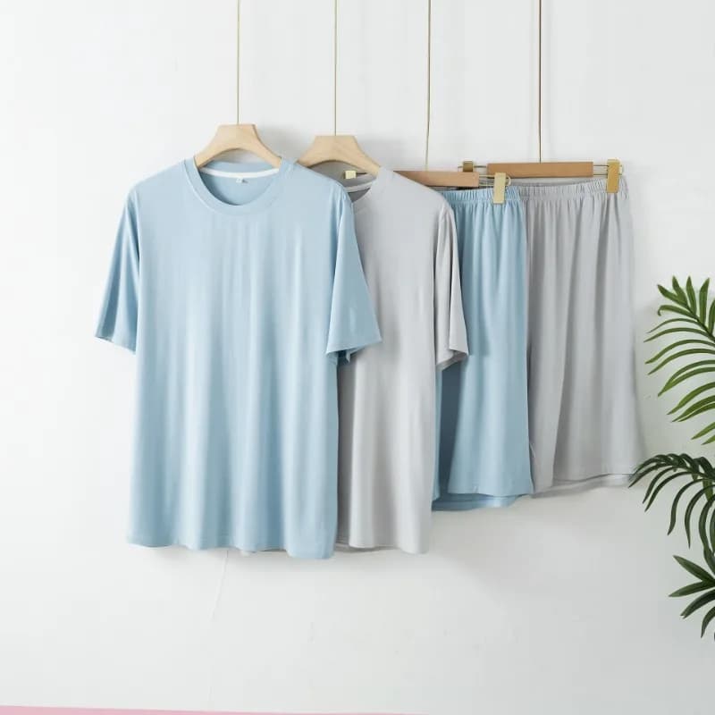 2025 Simple Solid Color Bamboo Fiber Men's Pajamas Short-sleeved Shorts Summer Thin Two-piece Loungewear O-Neck Pajama Sets