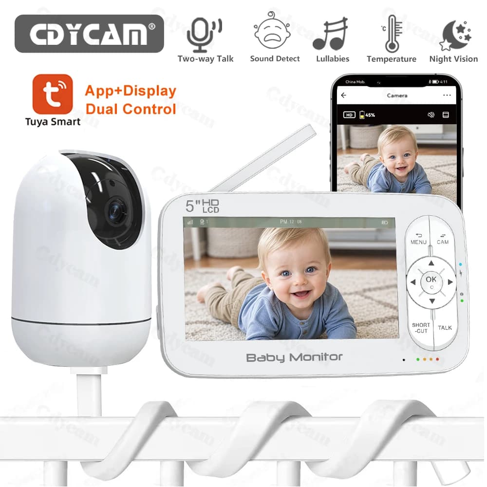 Baby Monitor WiFi 5 Pollici con Zoom 4x, Telecamera PTZ, Controllo Dual tramite App Tuya e Monitor, Audio Bidirezionale, Visione Notturna