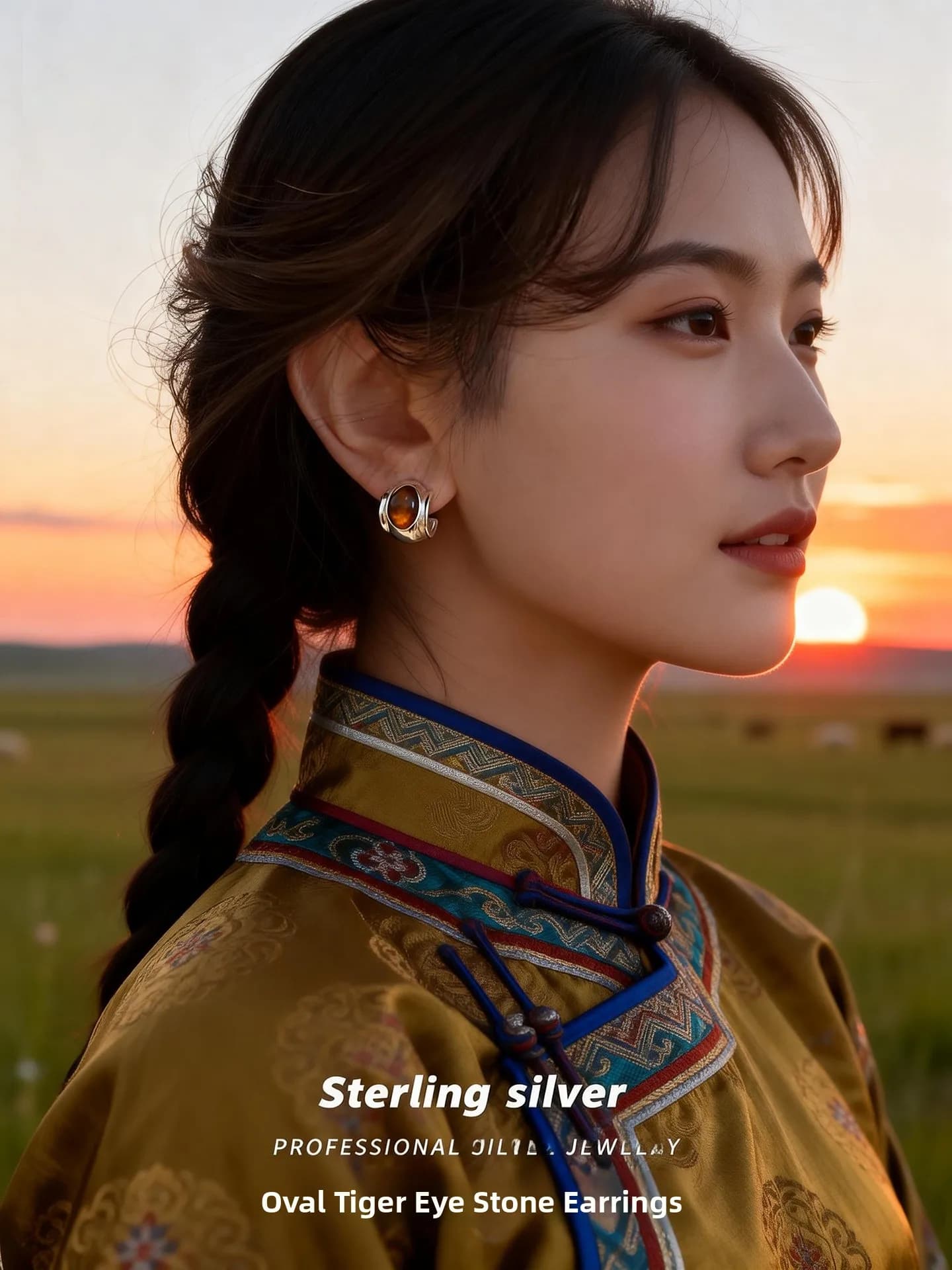 S925 Sterling Silver Tiger Eye Stone Oval Earrings Simple Ethnic Style Fashionable Versatile Design Montague Silver Ear Jewelry