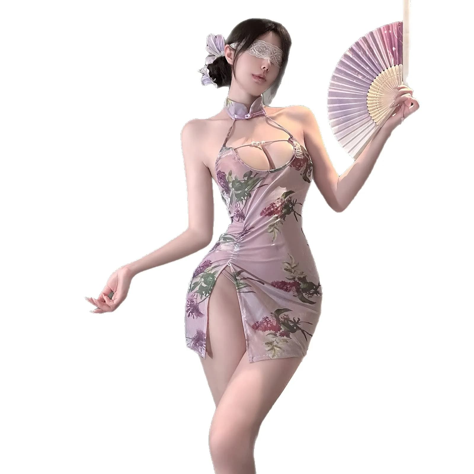 Abito da donna con stampa floreale e scollo all'americana, senza spalline, stile nightclub elegante, Pure Desire 1P2O