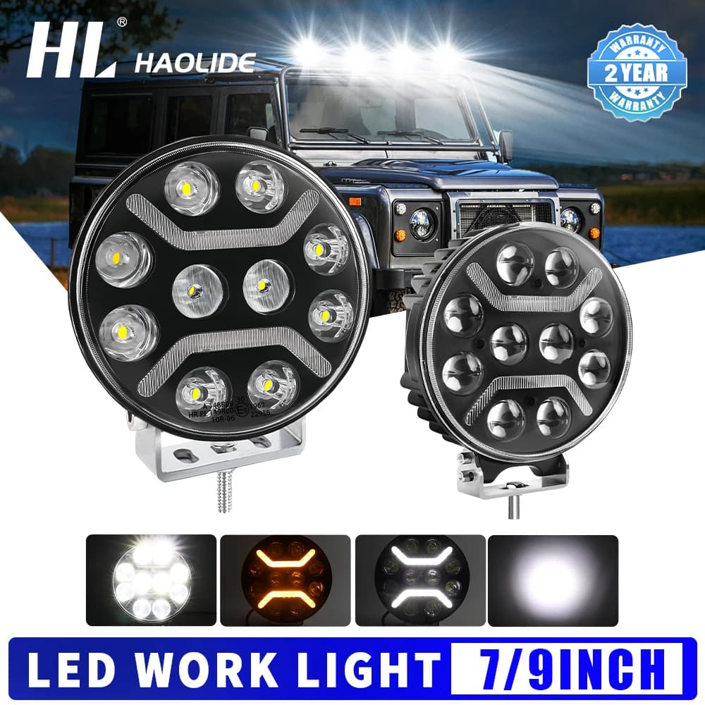 Faro LED Rotondo da 7-9 Pollici per Fuoristrada, Luce di Guida per Camion, Faro da Lavoro LED Bianco con Funzione Lampeggiante e Indicatore di Direzione per Uso Fuoristrada