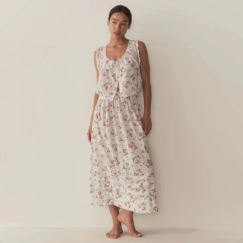 Summer New Style Pink Floral Cotton Casual Sleeveless Short Shirt Half Skirt Long Dress Set Women's Fashion Ensemble Cotton F...