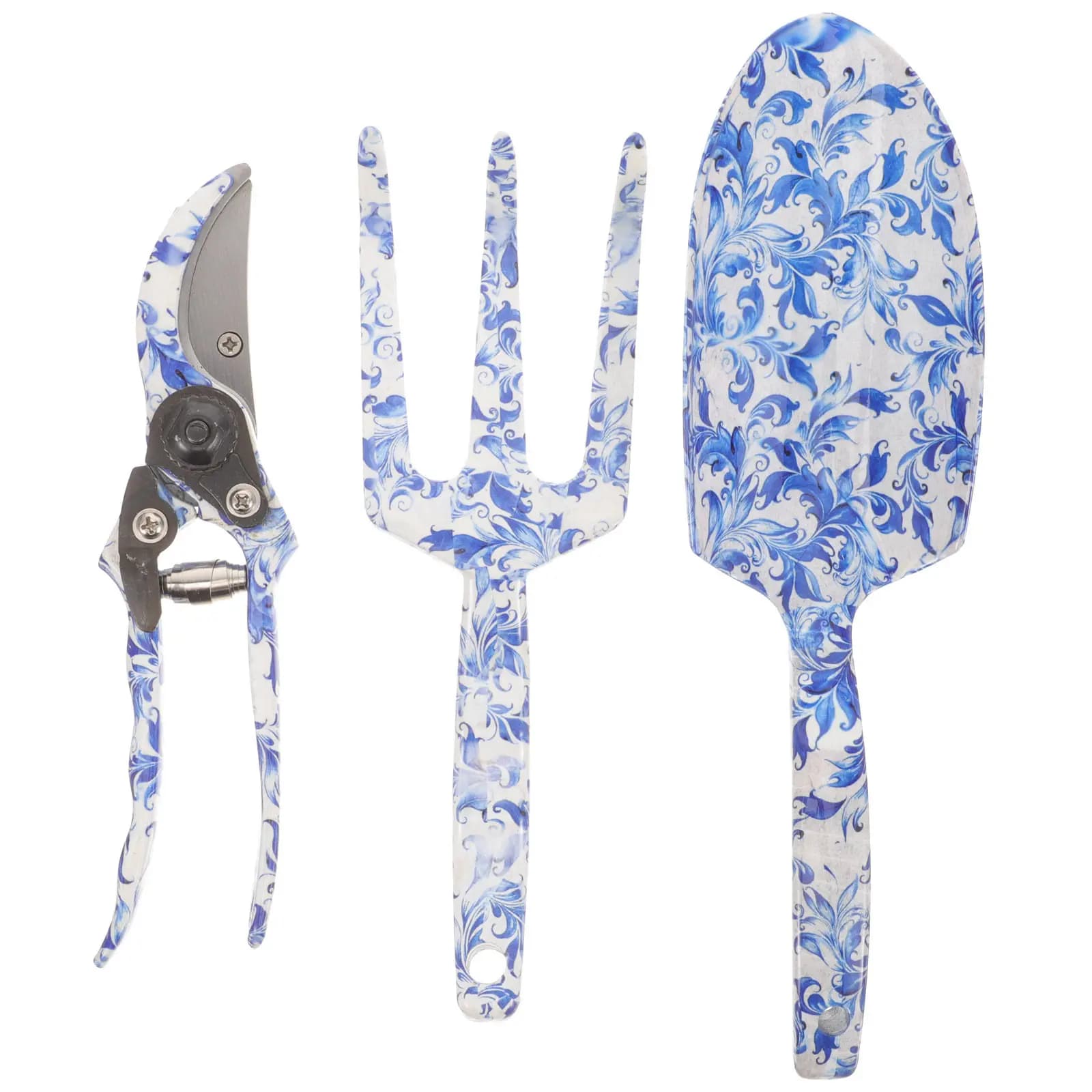 1Set Blue Porcelain Pattern Durable Garden Tool Set Medium Carbon Steel Pruning Shears Hand Shovel Rake Practical Gardening