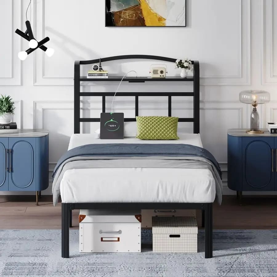 Struttura letto in metallo da pollici Twin Size Nero Heavy Duty Giroletto Piattaforma Base per materasso base con stazione di ricarica dell'amplificatore della testiera