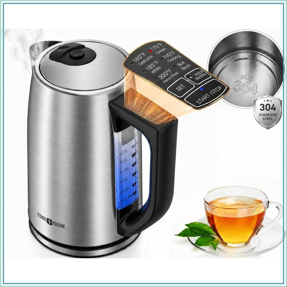 6 Precise Temperature Presets 1.7L Stainless Steel Electric Kettle 1500W Fast Boiling for Tea & Coffee with Strix Control