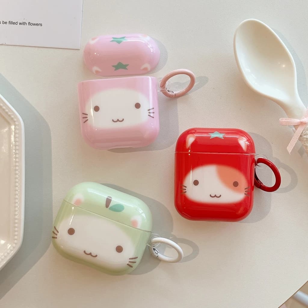 Divertente Custodia Protettiva Antiurto a Forma di Gatto Cartoon con Frutta e Gancio per Auricolari AirPods 1 o 2 3 4 Pro 2 Pro 3