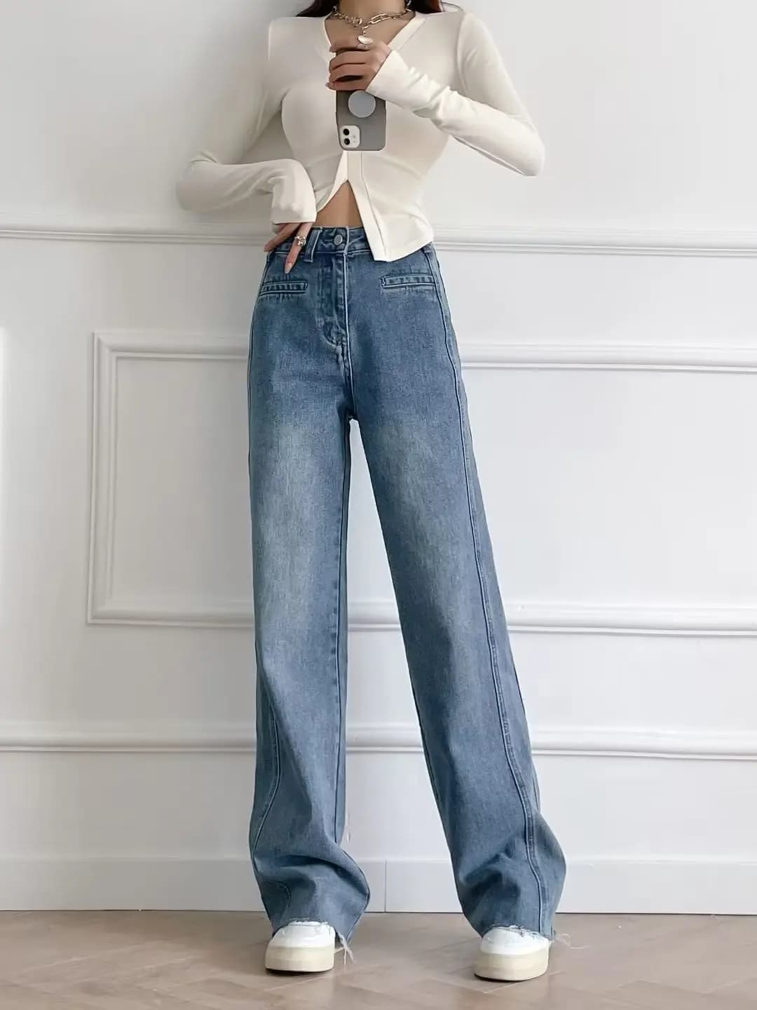 Vintage High Waist Wide Leg Pants Black Frayed Hem Long Floor Length Loose Fit Jeans Hong Kong Style Design Spring Autumn