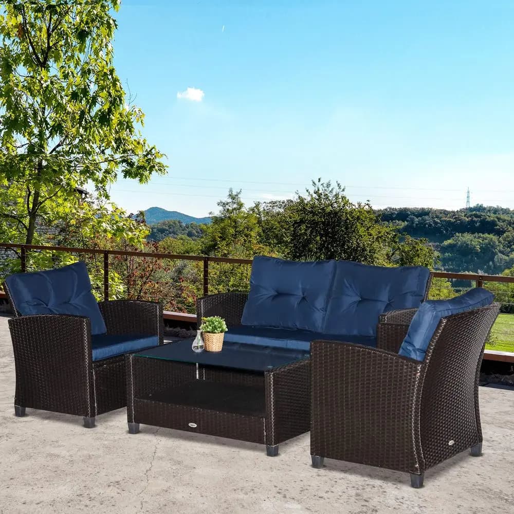 Set di mobili da giardino da 4 pezzi con cuscini, sedie da conversazione in vimini di rattan PE con tavolino a due livelli per veranda e giardino