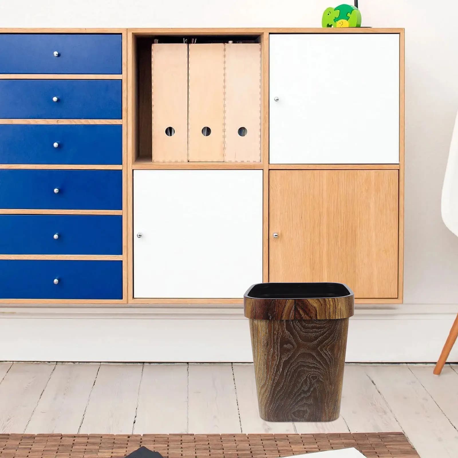 Cestino per Rifiuti da Ufficio Quadrato 12L, Senza Coperchio, in Plastica Effetto Legno, Marrone Rustico, per Cucina e Camera da Letto