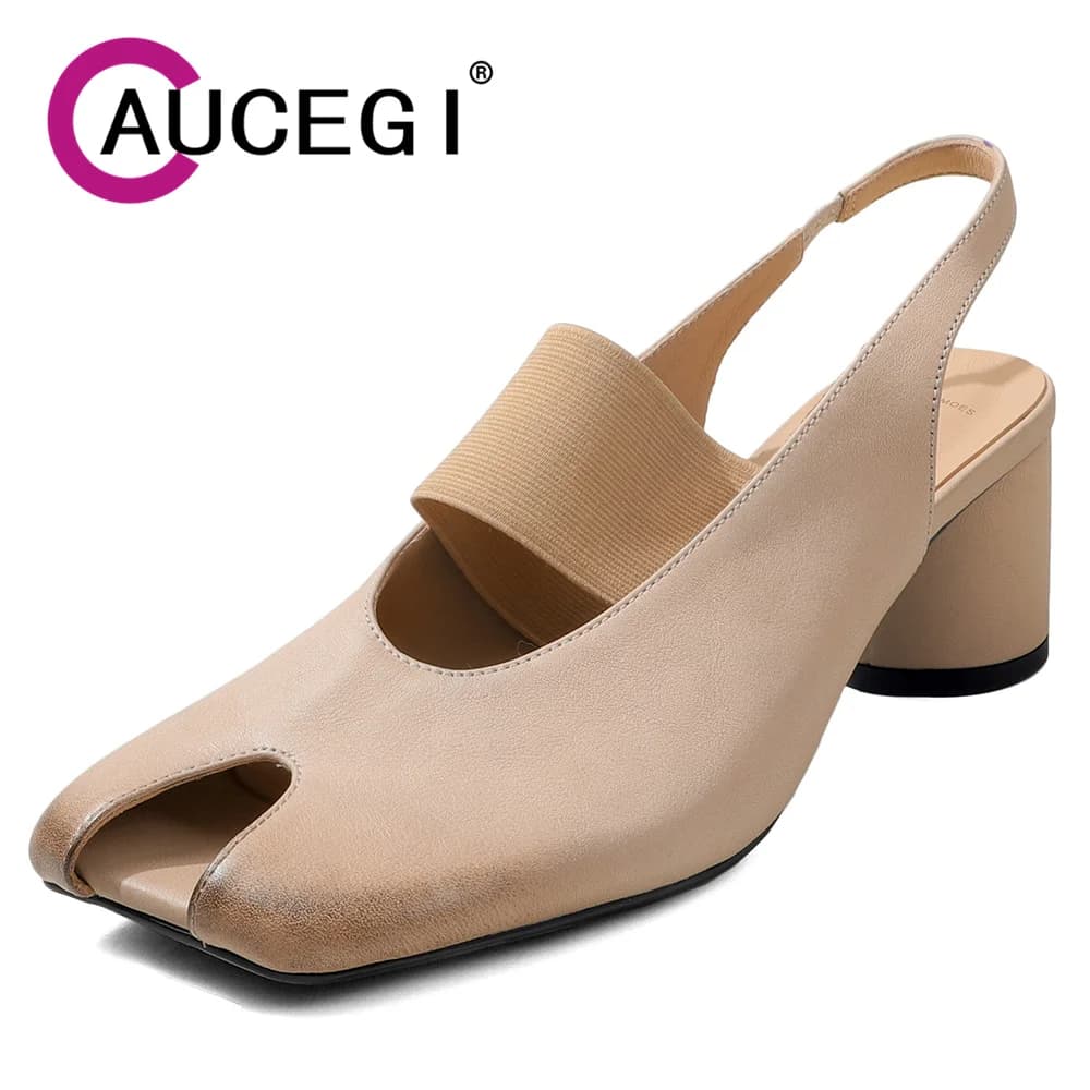 Aucegi New Women Mature Genuine Leather Slingback Sandals Fashion Square Peep Toe Round High Heel Summer Dress Handmade Shoes
