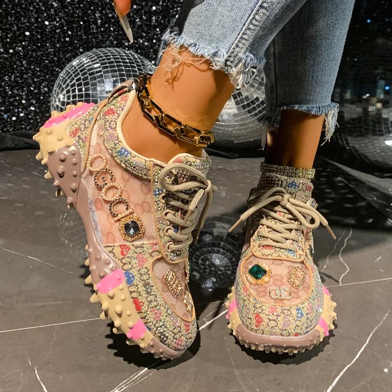 Women Luxury Casual Shoes Rhinestone Designer Sports Shoes Mesh Ventilation Platform Sneakers High Quality Outdoor Running Shoes