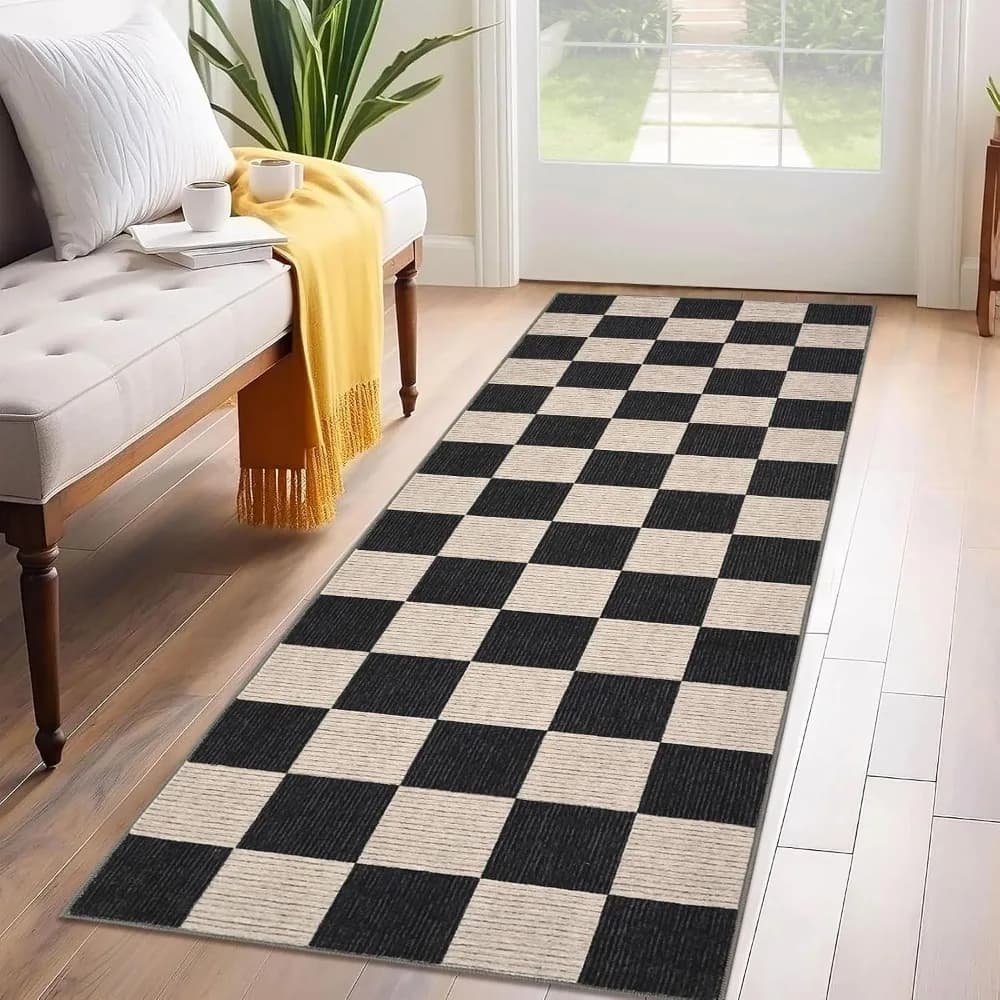 2x6FT Hall Aisle Rug Modern Checkered Kitchen Floor Mat Living Room Floor Carpet Entrance Door Mat Corridor Door Non-slip Foot Mat Washable
