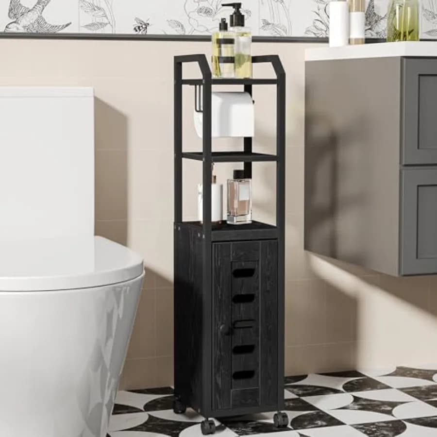 Bathroom Storage Cabinet - Toilet Paper Storage Cabinet Small Toilet Paper Holder with 4 Wheels Bathroom Organizer with Adjusta