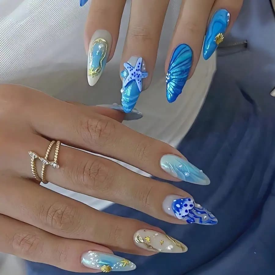 Unghie Finte Lunghe da Donna con Sfumatura Blu Oceano, Decorazioni a Stella Marina e Conchiglia, Regalo per Feste Estive in Spiaggia