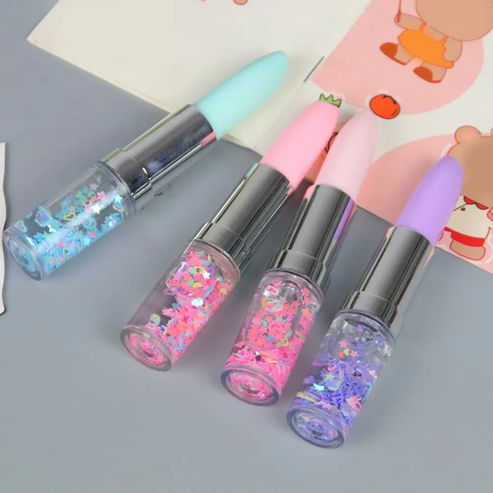 4 Penne a Forma di Rossetto, Inchiostro Gel in Plastica, Scrittura Fluida, Colori Vivaci: Rosa Intenso, Viola Chiaro, Blu Cremoso, Kawaii Party