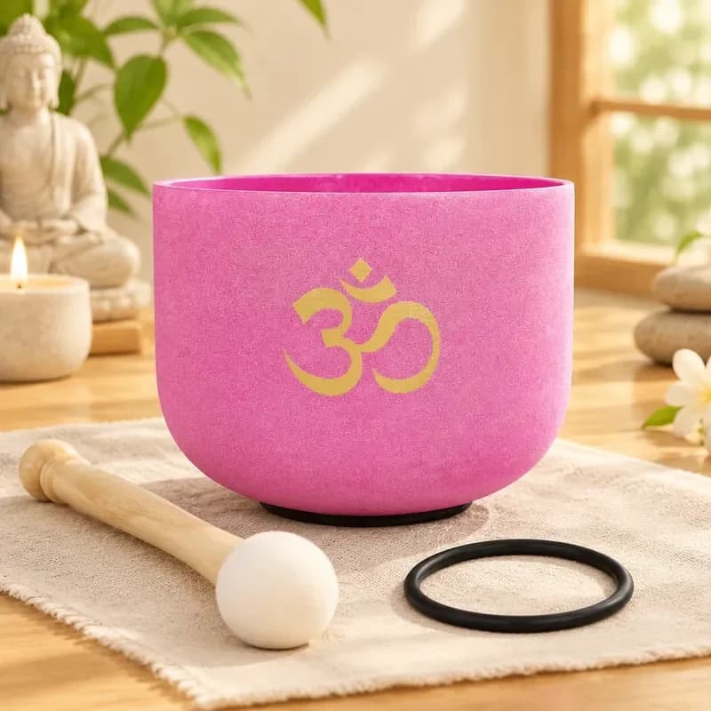 STAR LINKUP 8 Inch Pink Frosted Quartz Crystal Singing Bowl B Note OM Design Crown Chakra Healing Meditation with Mallet