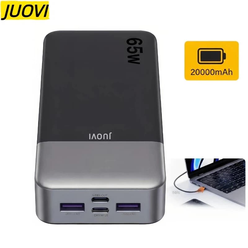 JUOVI Power Bank 20000mAh 65W PD Ricarica Rapida 4 Porte USB-C Caricatore Portatile per Laptop iPhone Samsung Display LED Sicuro per Viaggi