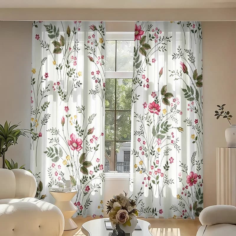 Set di 2 tende velate con motivo floreale verde, tende semi-trasparenti in poliestere con stampa digitale e tasca per asta, disponibili in diverse misure, adatte per camera da letto, soggiorno e altre decorazioni per la casa
