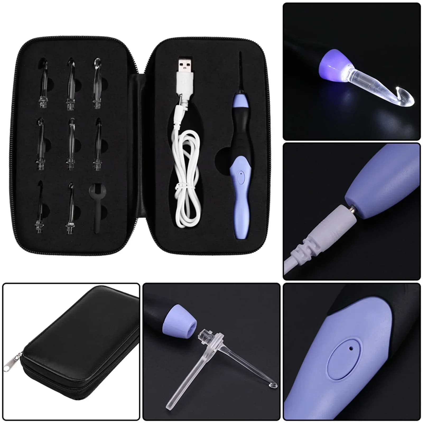 USB ricaricabile LED Light Up uncinetto Set strumento per maglieria con punte sostituibili 2.5-6.5MM