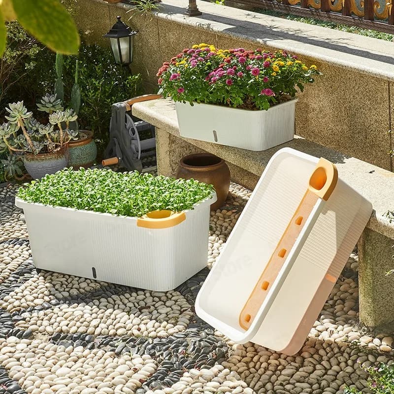 Large Rectangular Self Watering Planter Box, Vegetable Grow Pot for Balcony Garden, Indoor Outdoor Flower Plant Container