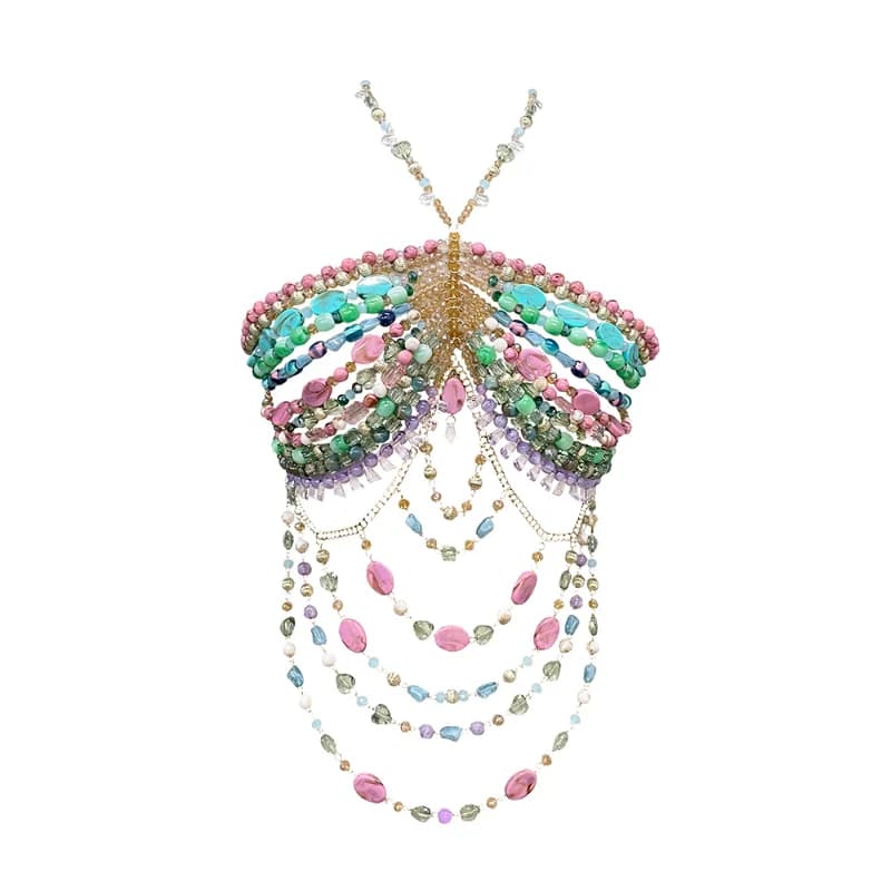 Handmade Turquoise & Lavender Multi Stone Bead Women's Fashion Body Chain Bikini Bra Set Romantic Tank Top Beachwear