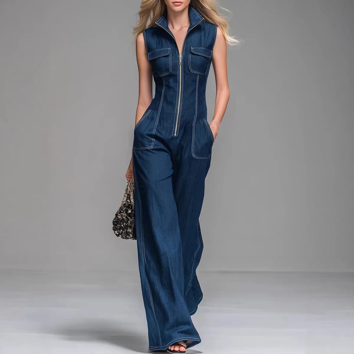 Tuta in denim senza maniche da donna, a vita alta, a gamba larga, con cerniera frontale, modello 2026, casual, da lavoro, con tasche, in jeans