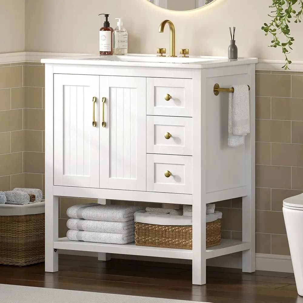 Mobile bagno bianco freestanding con lavabo, portasciugamani, 3 cassetti, ripiano aperto e spazio contenitivo regolabile