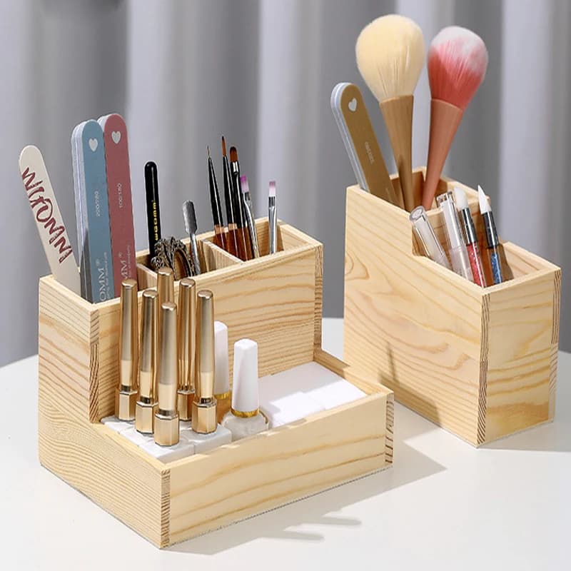 Scatola portaoggetti in legno da 1 pezzo per strumenti per Manicure da scrivania pennelli per Nail Art portapenne organizzatore di strumenti per il trucco dello smalto per unghie a doppio strato