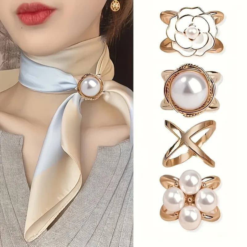 Set di 4 Eleganti Fermagli per Sciarpa con Perle Finte Dorate - Clip Multifunzionale in Metallo per Angoli e Anelli, per Fissaggio Sicuro della Sciarpa