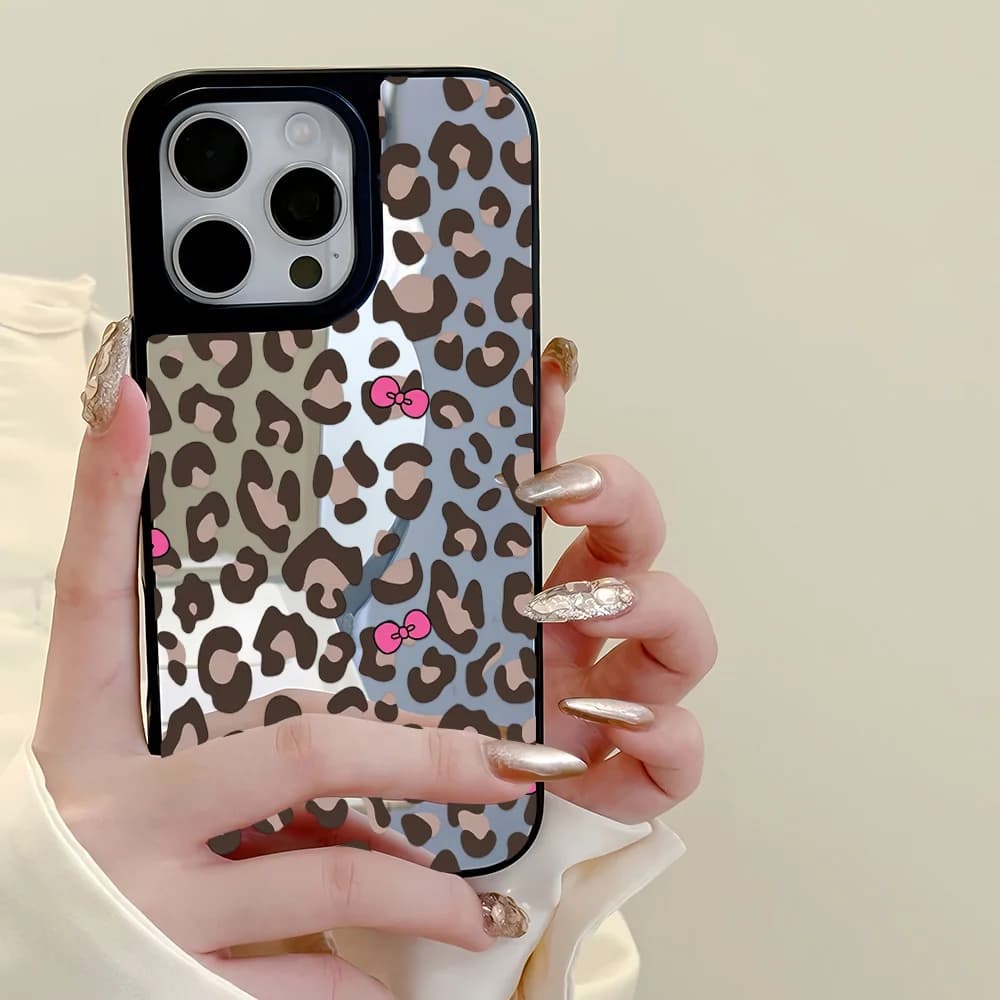 Custodia per telefono Fashion Leopard Mirror per iPhone 11, iPhone 17 Pro Max, 16, 15, 14 Pro Max, 12, 13 - Cover posteriore rigida con specchio per il trucco